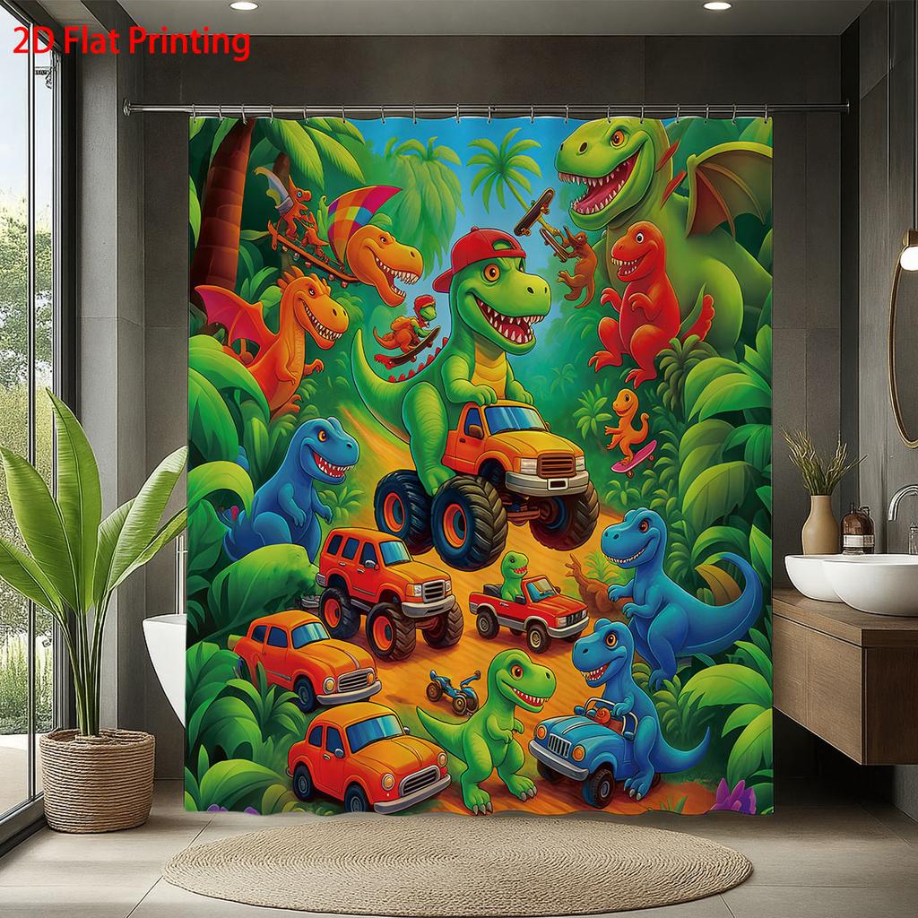 1Pc Forest Cartoon Dinosaur Printed Waterproof Shower Curtain Bathroom Partition Privacy Multiple Sizes 12 Hooks Easy To Install