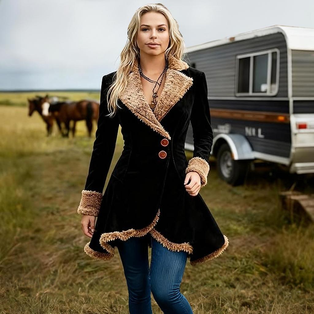 Women's Denim Western Retro Trench Coat, Plush Fashion And Warmth, Fleece Jacket