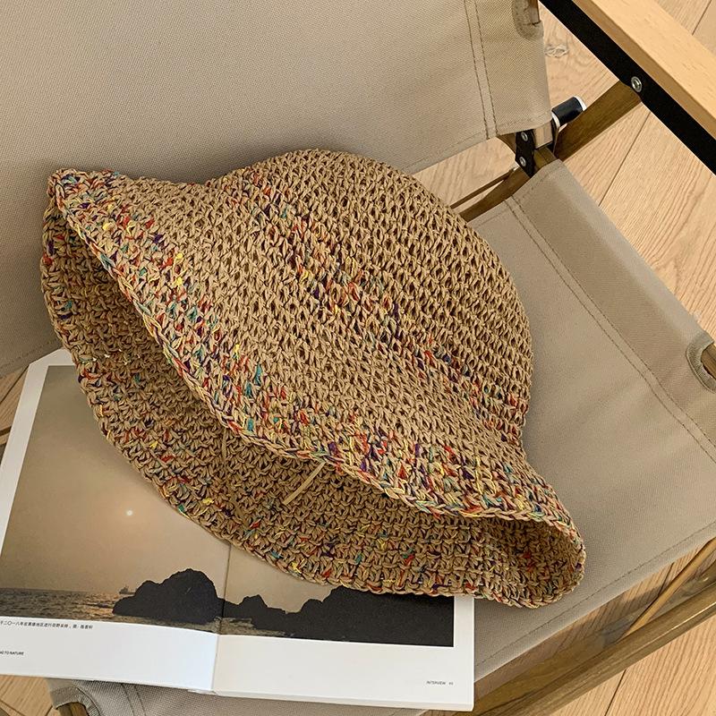 Hyunya Wind Colored Wood Beads Straw Hat Women's Summer Big Brim Straw Bucket Hat Foldable Seaside Sunshade Sunscreen Hat