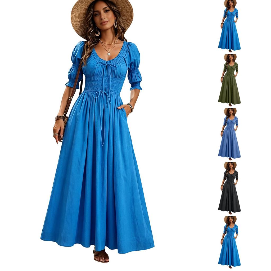 Women's Round Neck Long Dress with Puffy Sleeves and Self-Tie Waist