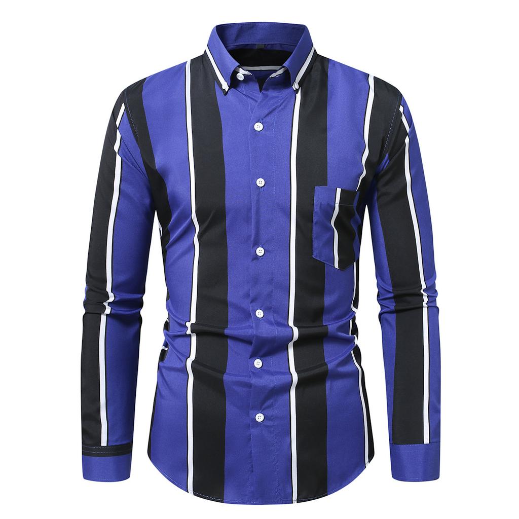 Autumn Men'S Vertical Stripe Long Sleeve Shirt Fashion Multi-Color Button-Neck Business Casual Shirt