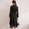 New Spring Elegant Lapel Midi Skirt Contrasting Color Removable Belt Without Elastic Long Sleeves for Women