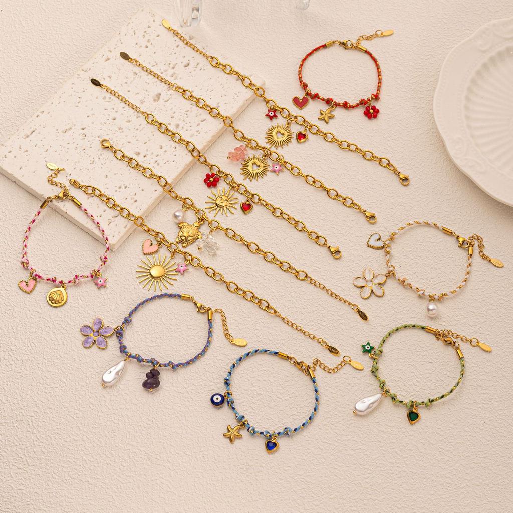 Handmade Color Braided Rope Titanium Steel Bracelet Light Luxury Multi-Pendant Summer Natural Stone Jewelry