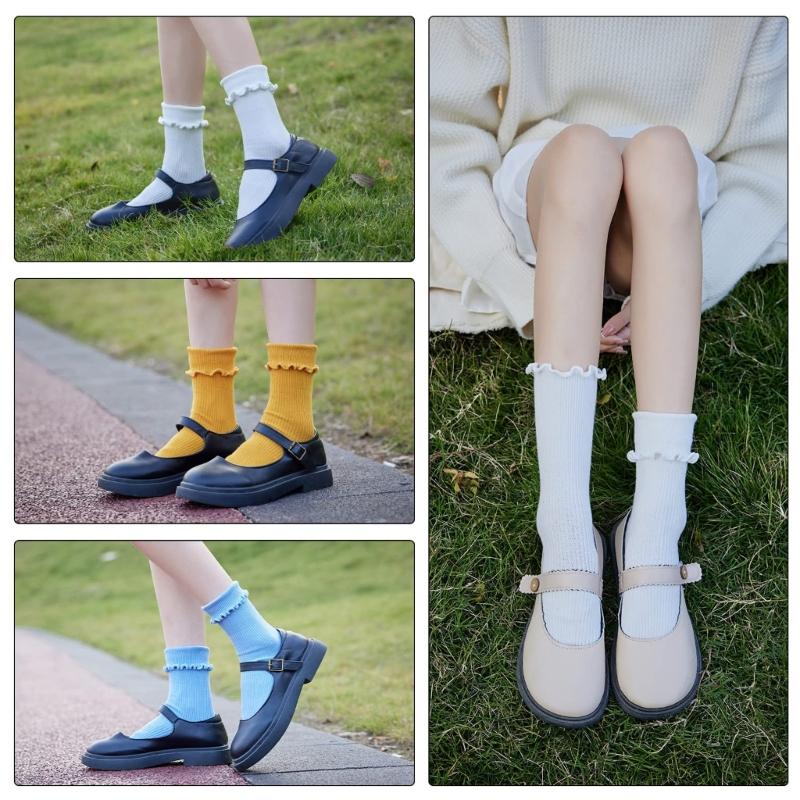 Ruffle Ankle Socks for Women Cotton Soft Solid Color Ribbed Knitted Lettuces Edge Low Cut Middle Tube Frilly Crew Socks
