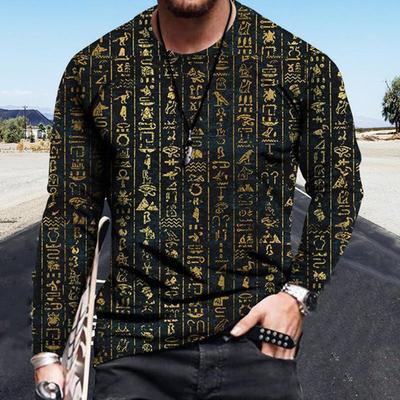 Egyptian Hieroglyphs Pattern Men's T-shirts Vintage 3D Printed T-shirts Summer Casual Long Sleeves Loose Round Neck Tops
