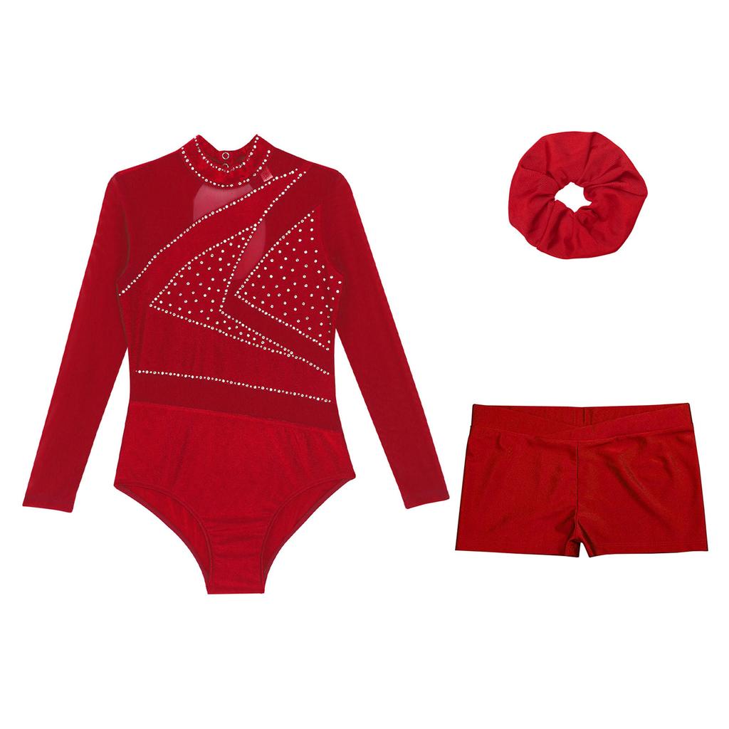 Girls Mesh Long Sleeve Cutout Back Sparkly Rhinestone Leotard V Front Waistband Shorts Hairband Gymnastics Set