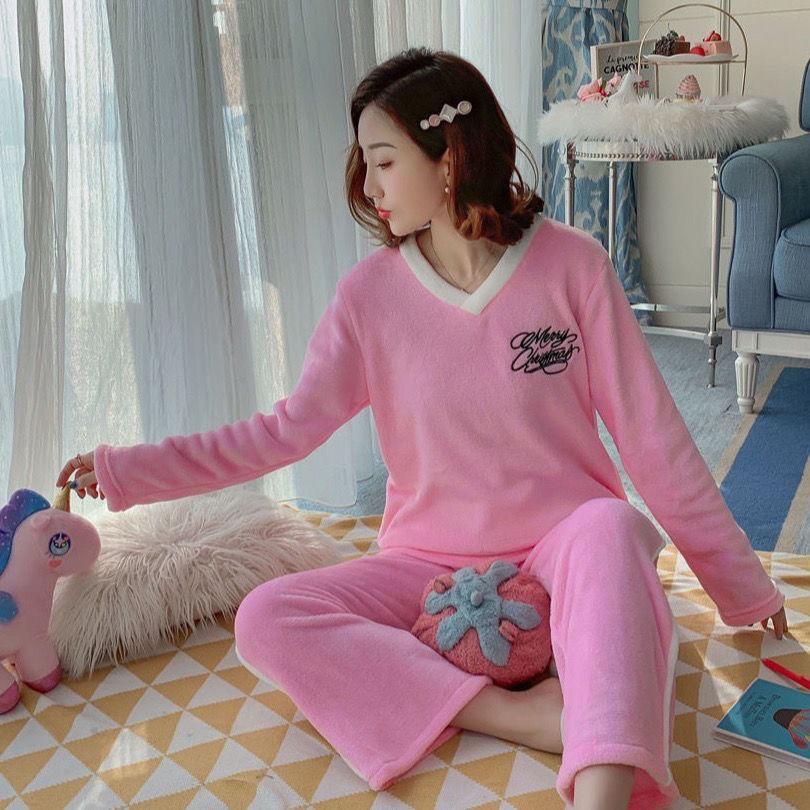 

Осенне-зимний комплект домашней одежды, женские пижамы, утолщенная фланелевая одежда для дома, свободный комплект домашней одежды с v-образным вырезом XXL