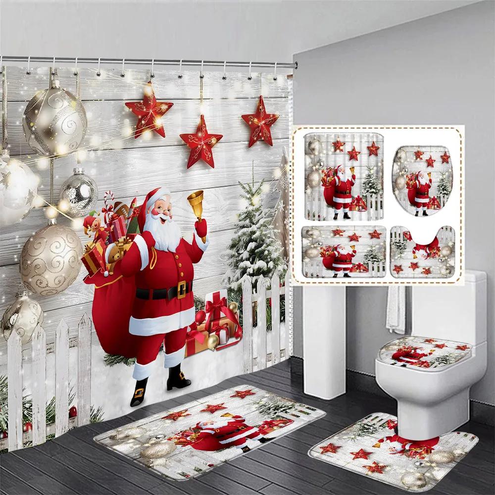 Red Christmas Shower Curtain Set Funny Santa Claus Gift Green Pine Branches Xmas Balls Home Bathroom Decor Bath Mat Toilet Cover