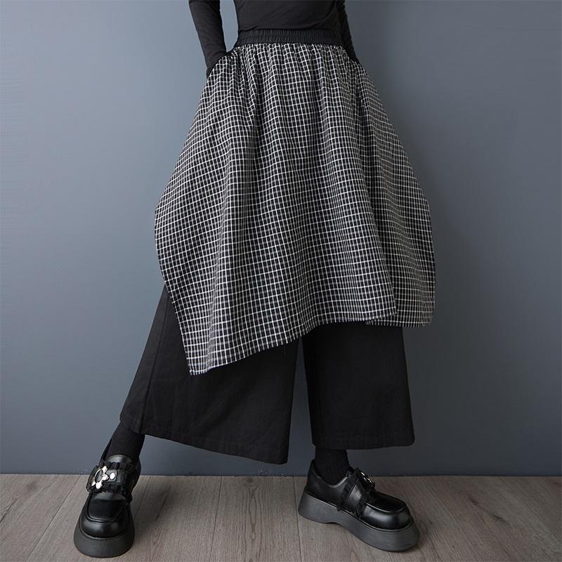Black plus size vintage plaid Spring Autumn High Waist wide leg Skirt Pants Women Loose Casual Trousers