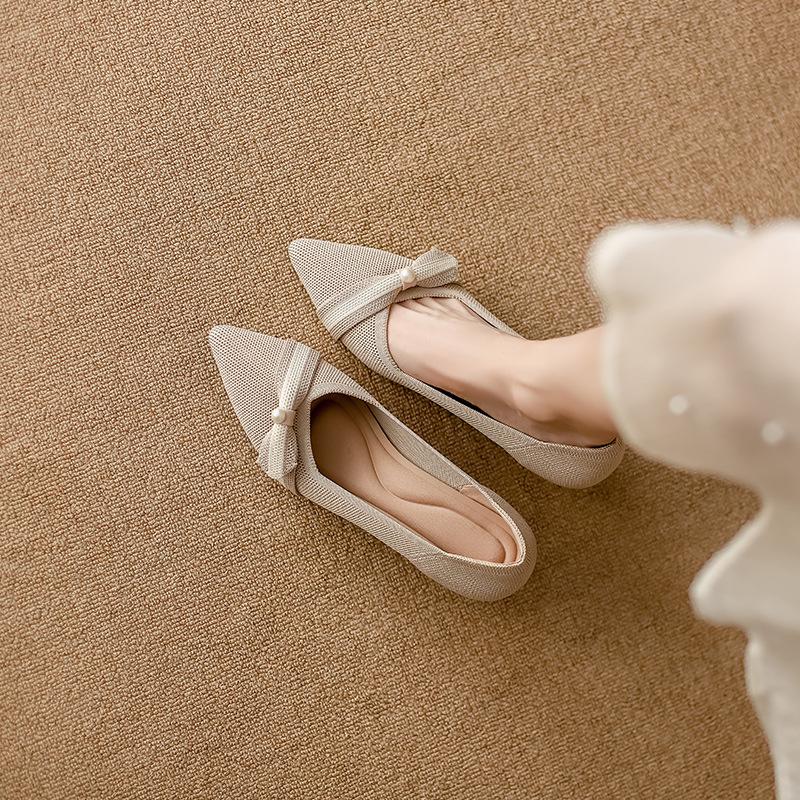 

Женские весенние туфли-лодочки с заостренным носком и неглубоким носком на тонком каблуке, офисные туфли с вязанным бантом и жемчугом, дышащие, одинарные 35 абрикосовый