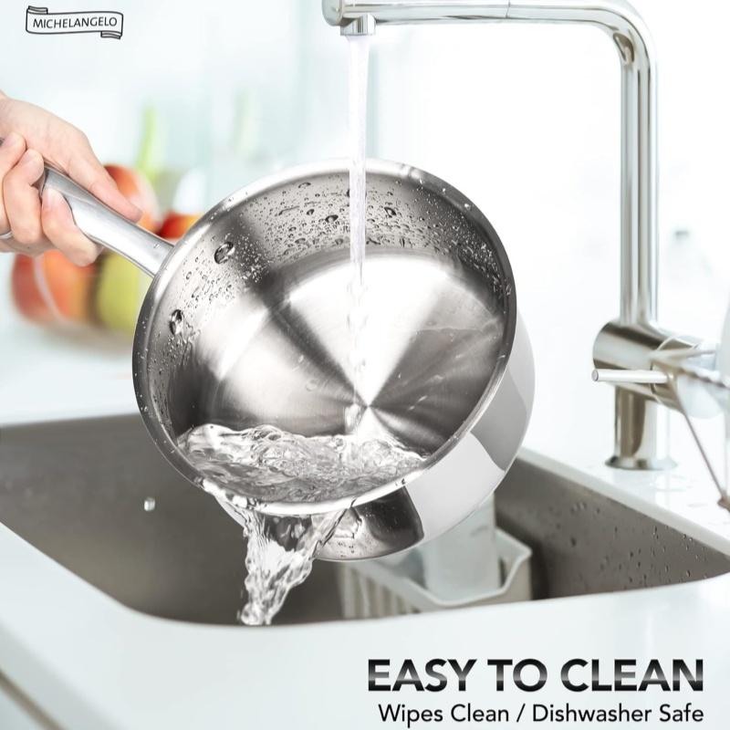 MICHELANGELO 3Pcs Stainless Steel Stew Pot with Lid Steel Handle Sauce Pot Induction Stew Pot Flat Pan Set Stove Compatible