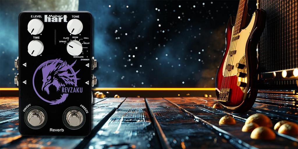 Maker Hart Guitar effects pedal with 7 reverb FREEZE FLUCT DSP and stereo Reverb modes, function, effect, 32-bit processing, input/output support.