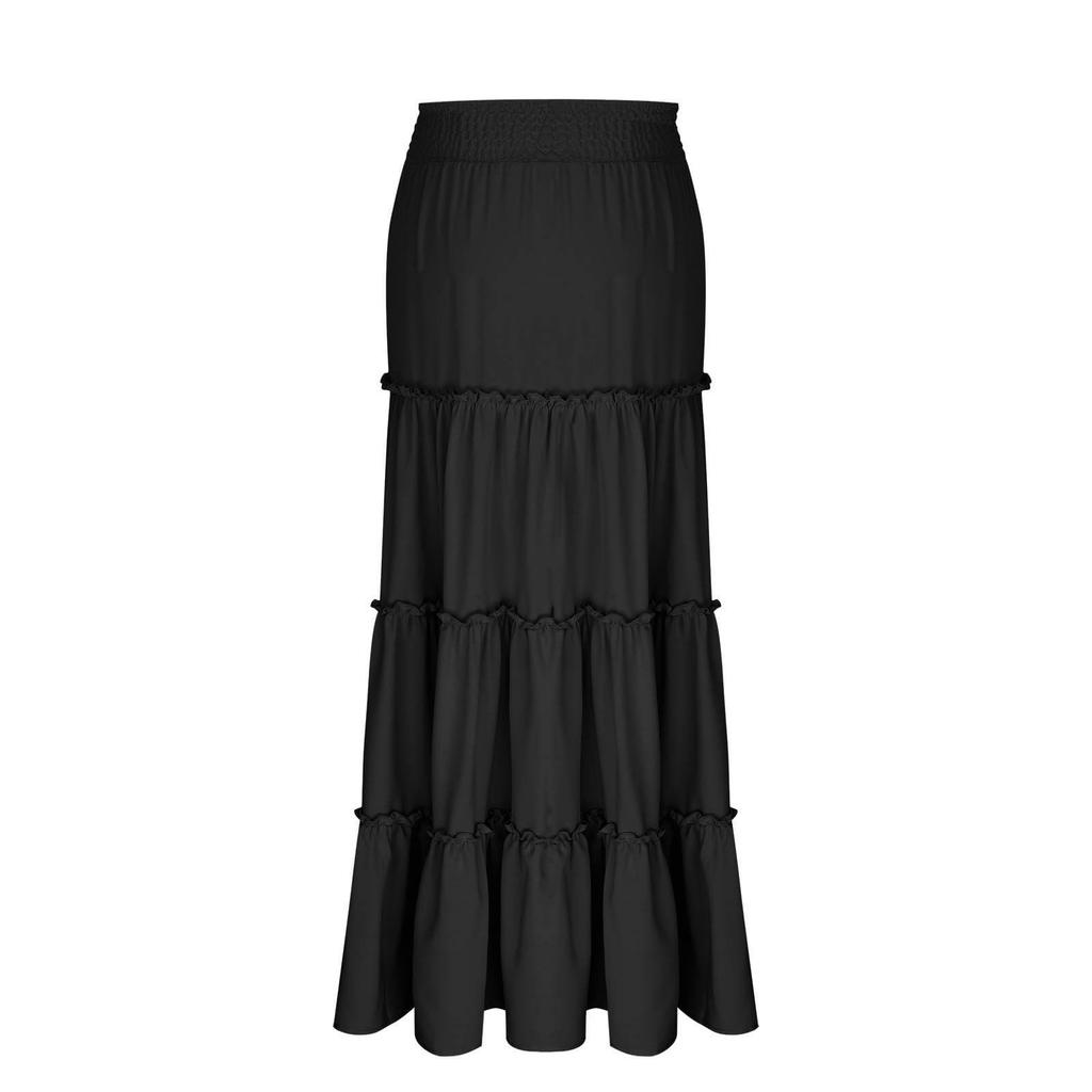 Women's Fashion Color Elastic Waist Skirt Loose Casual High Waist Tie Long Skirt