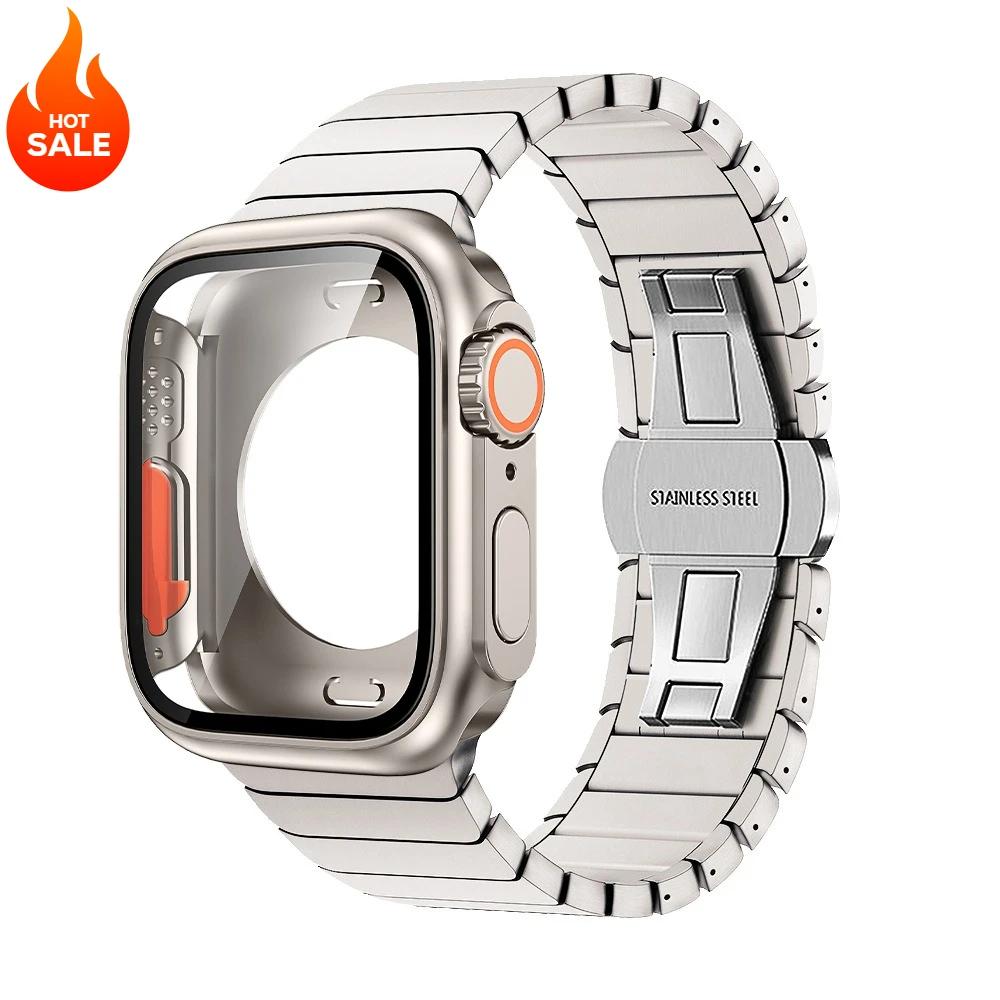 Strap+Case for Apple Watch Band 46mm 42mm 45 41 40 44mm Stainless Steel Bracelet  PC Cover for Iwatch Series11 10 9 8 7 6 SE 5 4