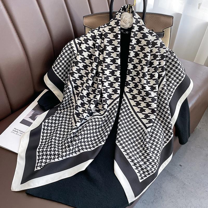 Women Houndstooth Print Scarf 90cm Square Twill Silk Hijab Bandana Female Neckerchief Foulard Shawl Wraps Echarpe Beach Stoles