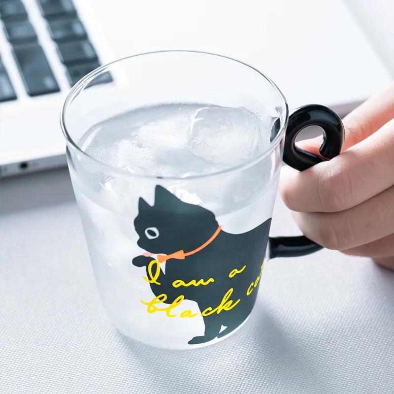 1PCS Cute Cat Glass Juice Coffee Cup Milk Tea Coffee Glass Mug Cat Tail Handle Cat Valentine's Day Lover Gifts Stainless Spoon