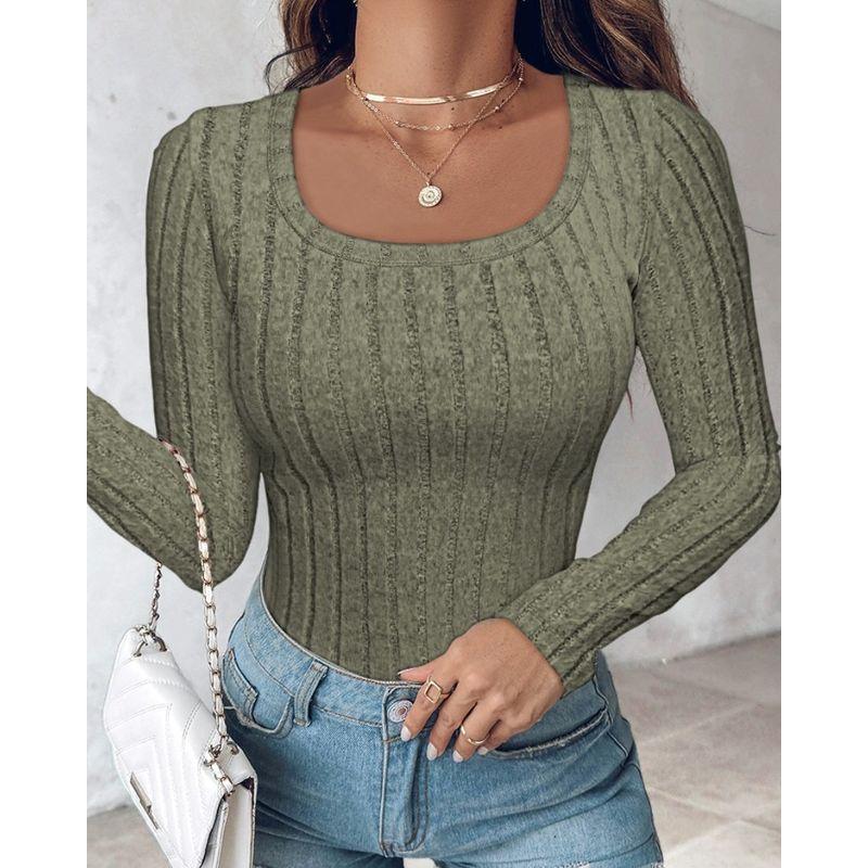 Autumn New European and American Amazon Fashion Solid round Neck Temperament Slim fit Long sleeves Shirt Top Bottoming Shirt Multi-Color