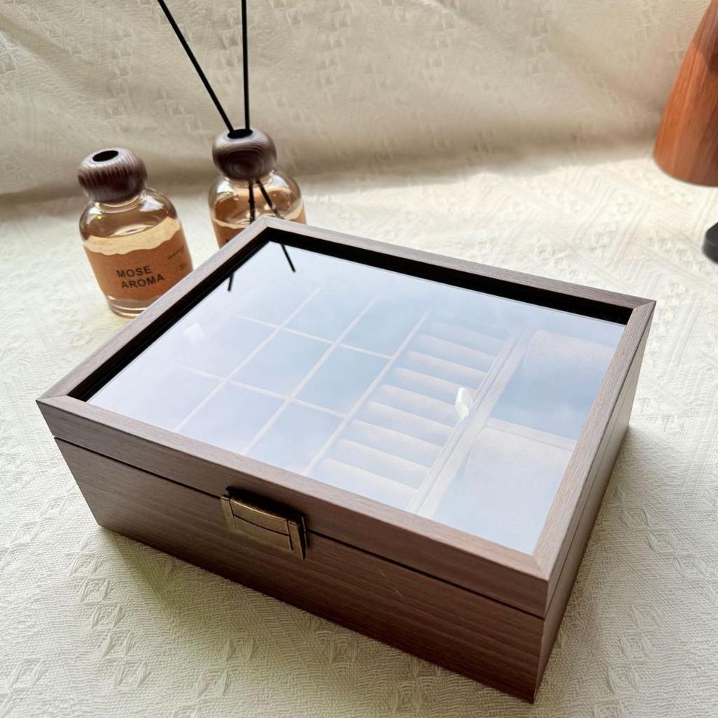 Multi-Position Open Window Watch and Jewelry Display Box with Walnut Wood Grain