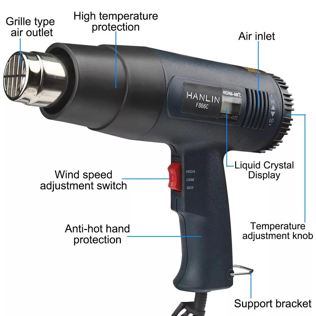 2000W Electric Heat Gun With LCD Display Adjustable Temperature Hair Dryer Tools For Soldering Thermal Blower Shrink Wrapping