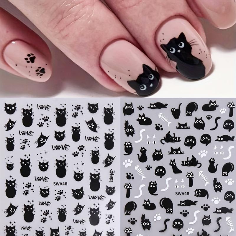 1Pc Black Cat Nail Art Stickers, Halloween Cartoon Animal Self-Adhesive Decals, DIY Nail Salon Art Decorations Animal Print