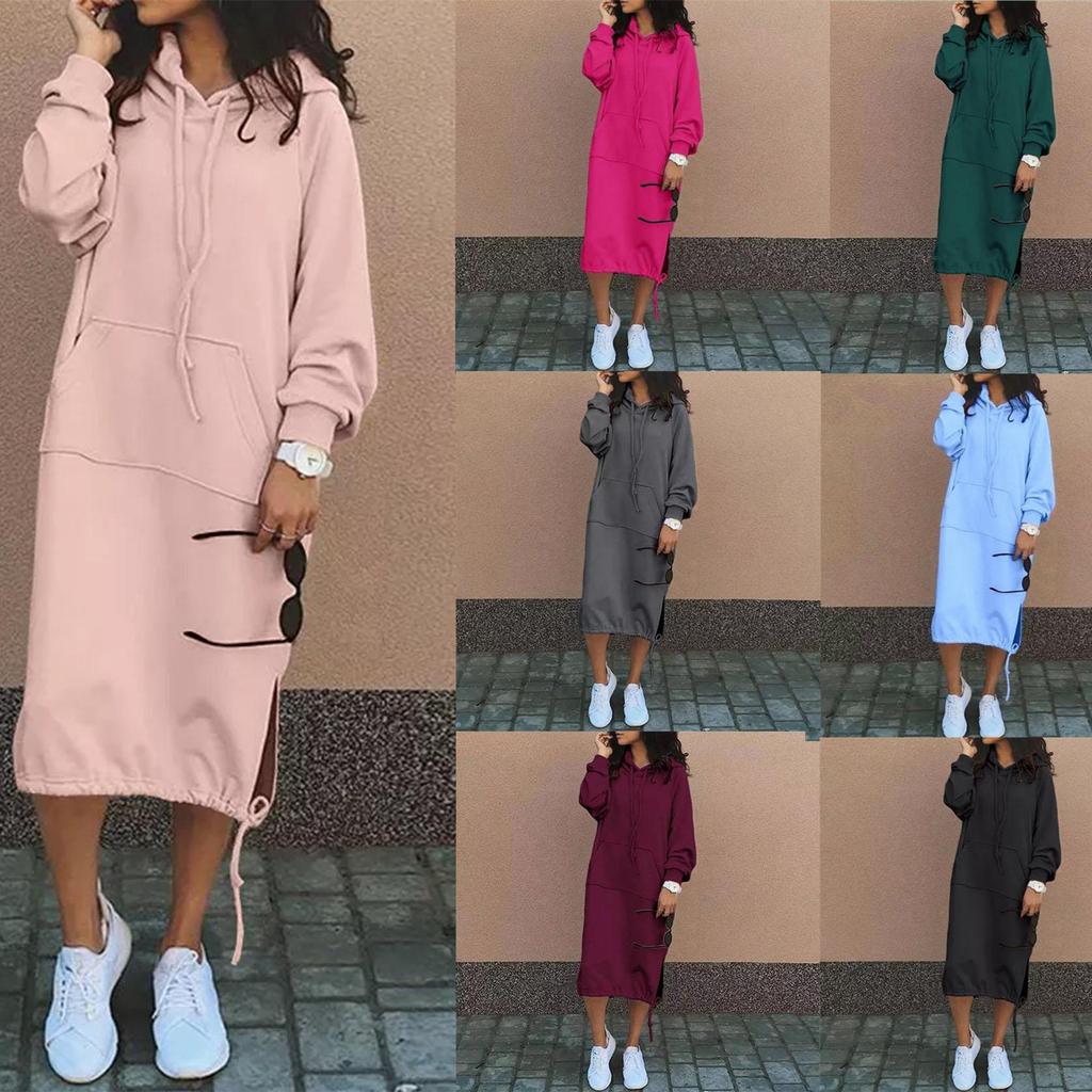 Lässige einfarbige Hoodie-Kleider Damenmode Tasche Kordelzug Schlitz Pullover Kapuzen-Sweatshirt-Kleid Herbst Winter Vestidos
