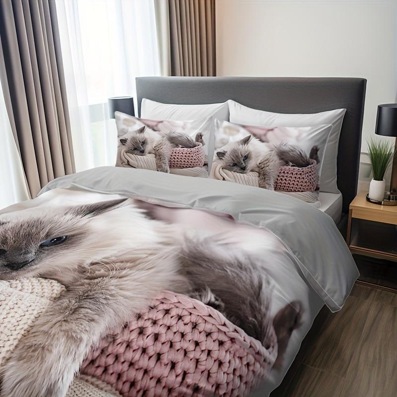 Cat Pattern Print Bedding Set, Black and White Ink Duvet Cover Set with "Dream" Print, Modern Tribal Bedroom Decor