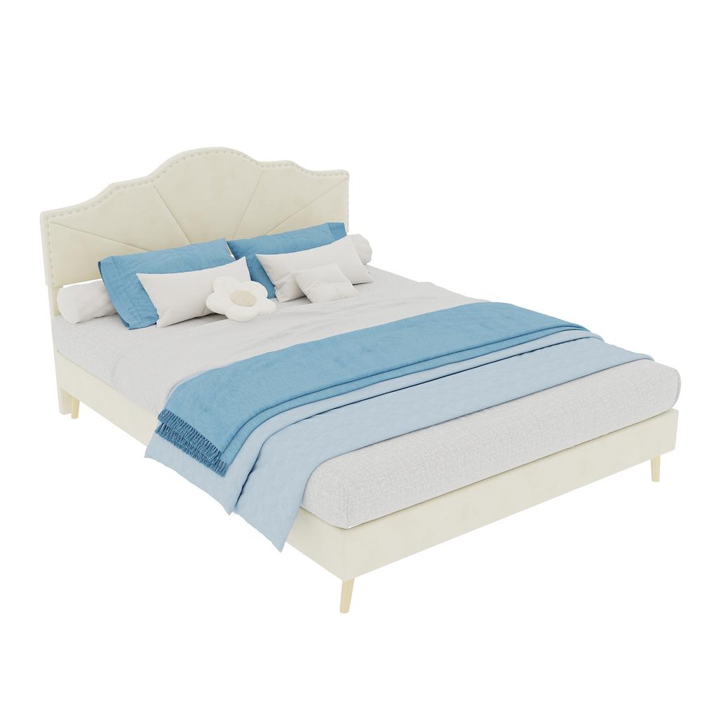 Modern minimalist soft bed, comfortable headboard, 140*200CM, beige, low box bed frame does not include gas rod, include 140*200cm mattress.