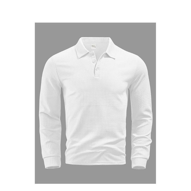 Men's White Waffle Textured Lapel Long Sleeve Slim Fit Polo Shirt