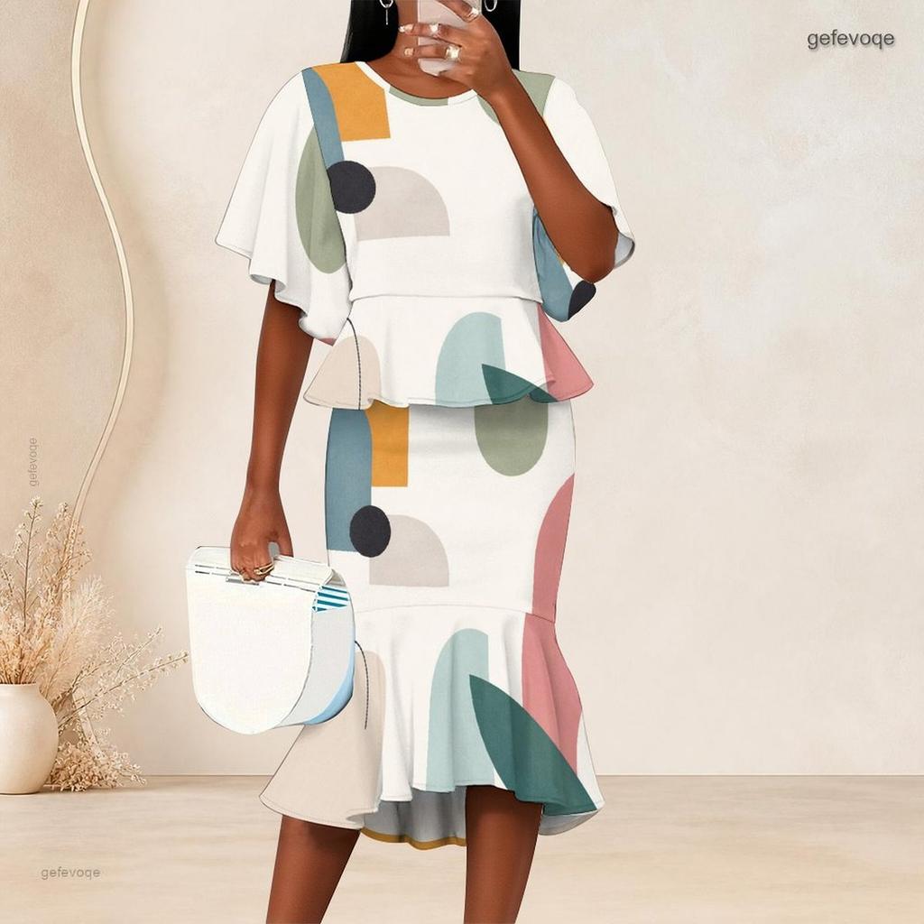 Women Plus Size Round Neck Batwing Sleeve Printed Ruffle Hem Top Fishtail Skirt Two Piece Set