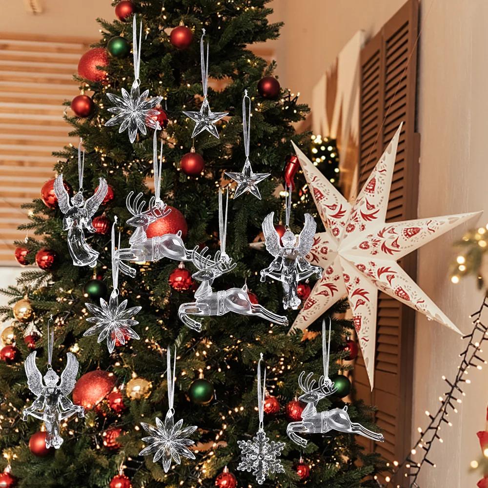 Crystal Snowflake Ornament Christmas Tree Icicle Snowflake Angel Elk Reindeer Clear Crystal Indoor Outdoor Party Decorations