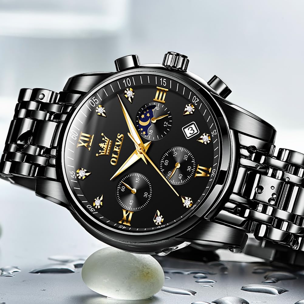 OLEVS Watch with Moon Date Quartz Stainless Simple and Luminous Black Men's Phase, Timer, Display, Movement, Waterproof, Steel, Fashionable, Design,