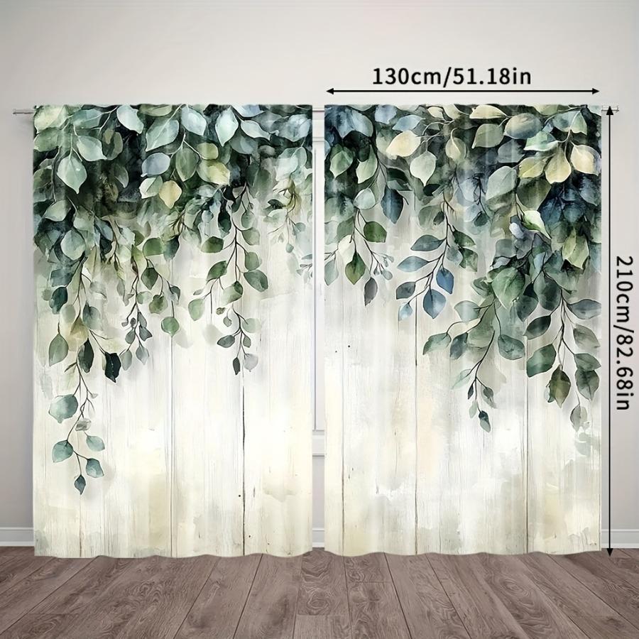 2PCS Digital Printed Curtains with Green Eucalyptus Design, Stylish Window Drapes for Living Room Bedroom Home Decoration