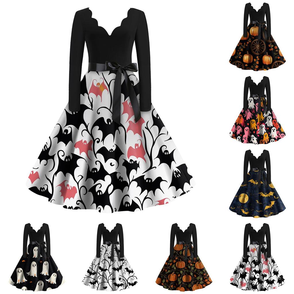 Kvinners uformelle mote Halloween trykt V-hals vintage kjole
