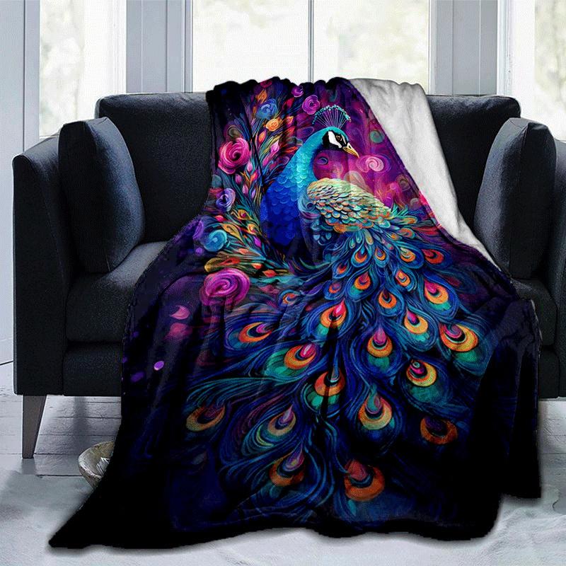 1pc Colorful Peacock Printing Lightweight Flannel Blanket, Comfortable and Warm Blanket, for Camping Sofa Bed and Couch Office, Gift