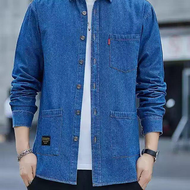 Men's Korean Style Retro Denim Long-Sleeve Shirt, Trendy Loose Casual Versatile Blue Workwear Top