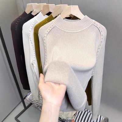 Fleece Semi-turtleneck Sweater Women's Integrated Fleece Bottoming Sweater Autumn and Winter New Beaded Knitted Sweater with Thick Top Inside