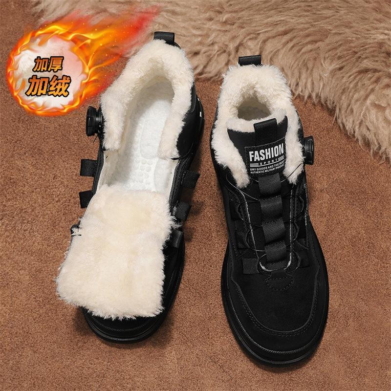 Fleece men's shoes winter new rotating button Martin shoes men's tooling shoes men's casual sports cotton shoes