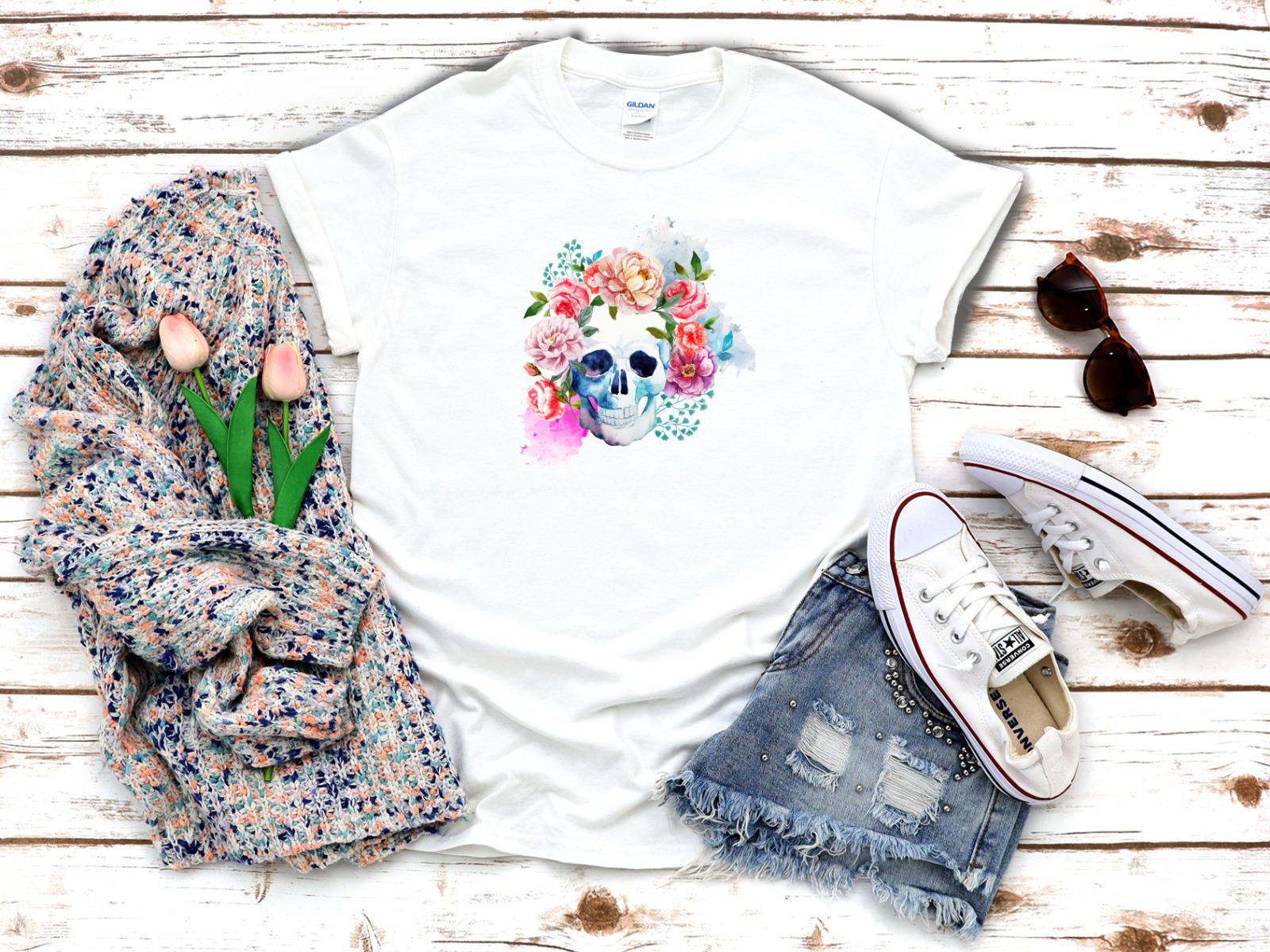 

26 Skull With Flowers Watercolor Effect White Women s 3 4 Short Sleeve T-Shirt D336 Unisex T-Shirt XXXL