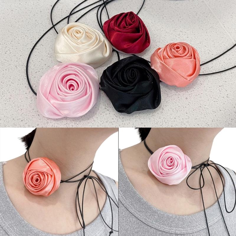 Fashion Silk Rose Flower Choker Necklace Long Lace-up Choker Temperament Neckband Jewelry Clavicle Chain Necklace