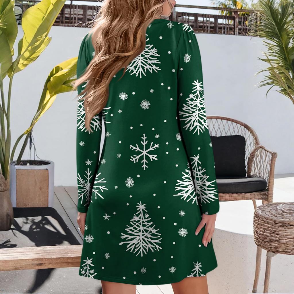 Dame Julemønstret Kjole Løs V-hals Casual Langermet Kjole