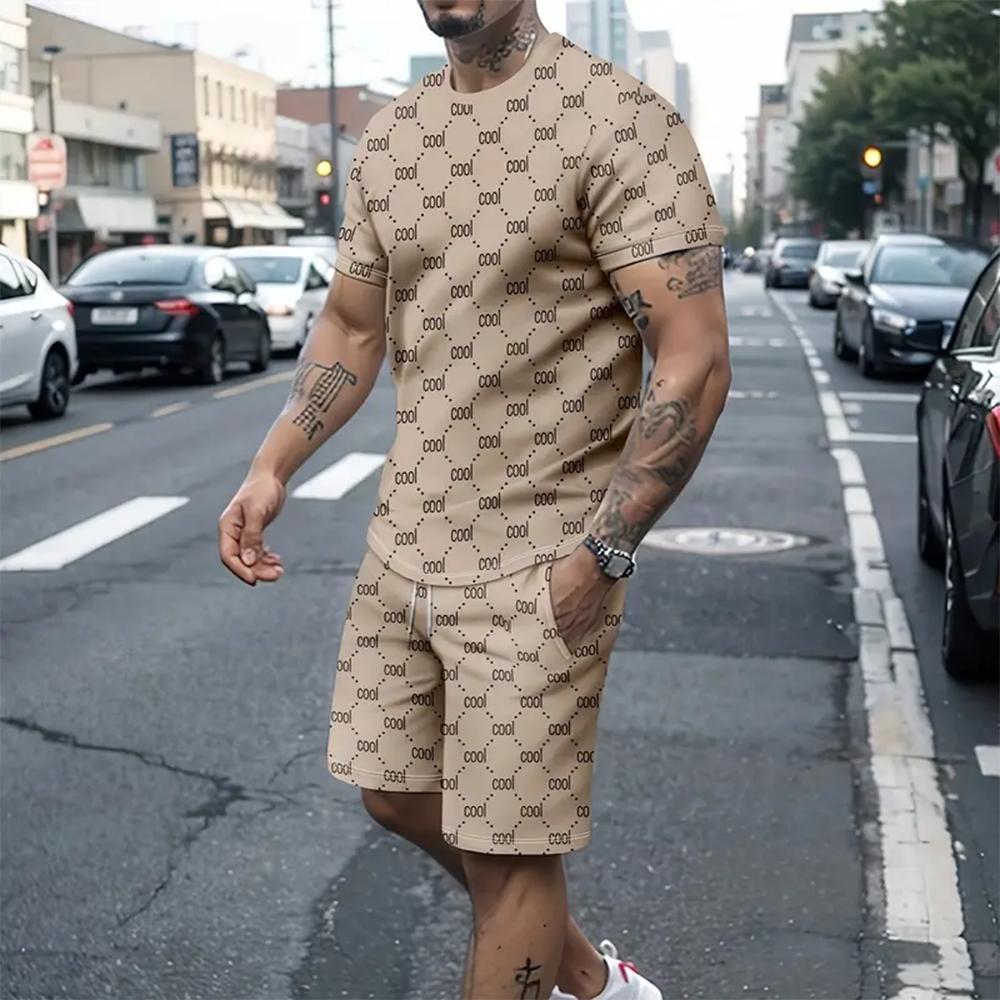 2 Piece Suits Men's Casual Pattern Printed Short Sleeve T Shirt And Track Shorts Set Holiday Lounge Beach Sports Suit Fitness