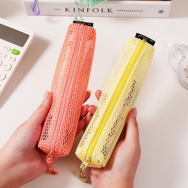 Portable Mesh Pencil Pouch Transparent Design with Smooth Zipper Hanging Hook for Business Trip Small Tools Storage
