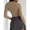 Autumn Women Slim Round Neck Cropped Tops Long Sleeve Show Navel Solid Temperament Color T-Shirt