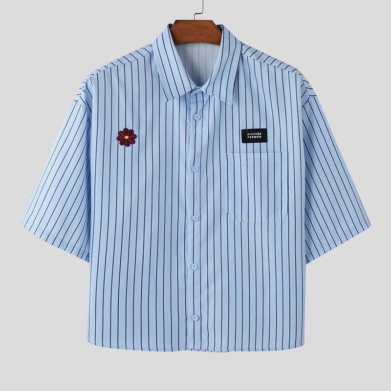 INCERUN Summer Men Lapel Neck Casual Shirts Short Sleeve Embroidery Floral Striped Tops