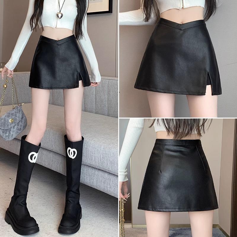 Women's Black PU Leather A-Line Midi Skirt with Slit - High Waist, Sexy Bodycon for Autumn