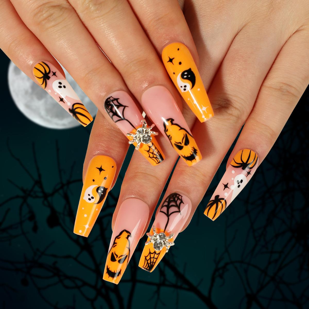 Nail Piece Wear Nail Halloween Nail Art Spider Rhinestone Spider Web White Ghost Pumpkin Press on nails