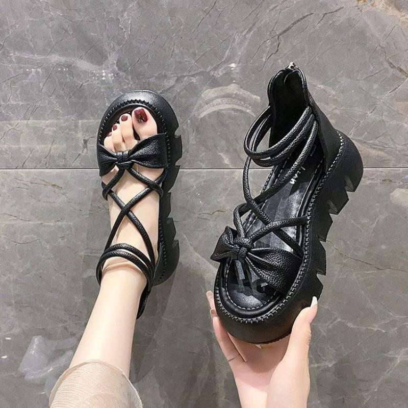 Sandals for Woman High Heels Women's Shoes Bow Summer 2025 Zip Footwear Heeled Platform Roman Style Pumps The Best H Daily Shoe