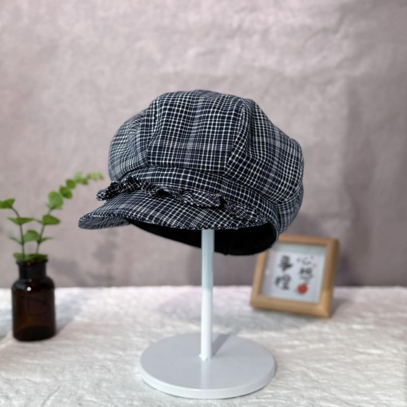 25 Early autumn new retro elegant plaid pleated beret women's face small octagonal hat