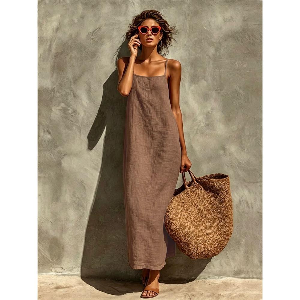 Women New Summer Solid Color Sling Dress, Loose Comfortable Casual Sleeveless Midi Dress