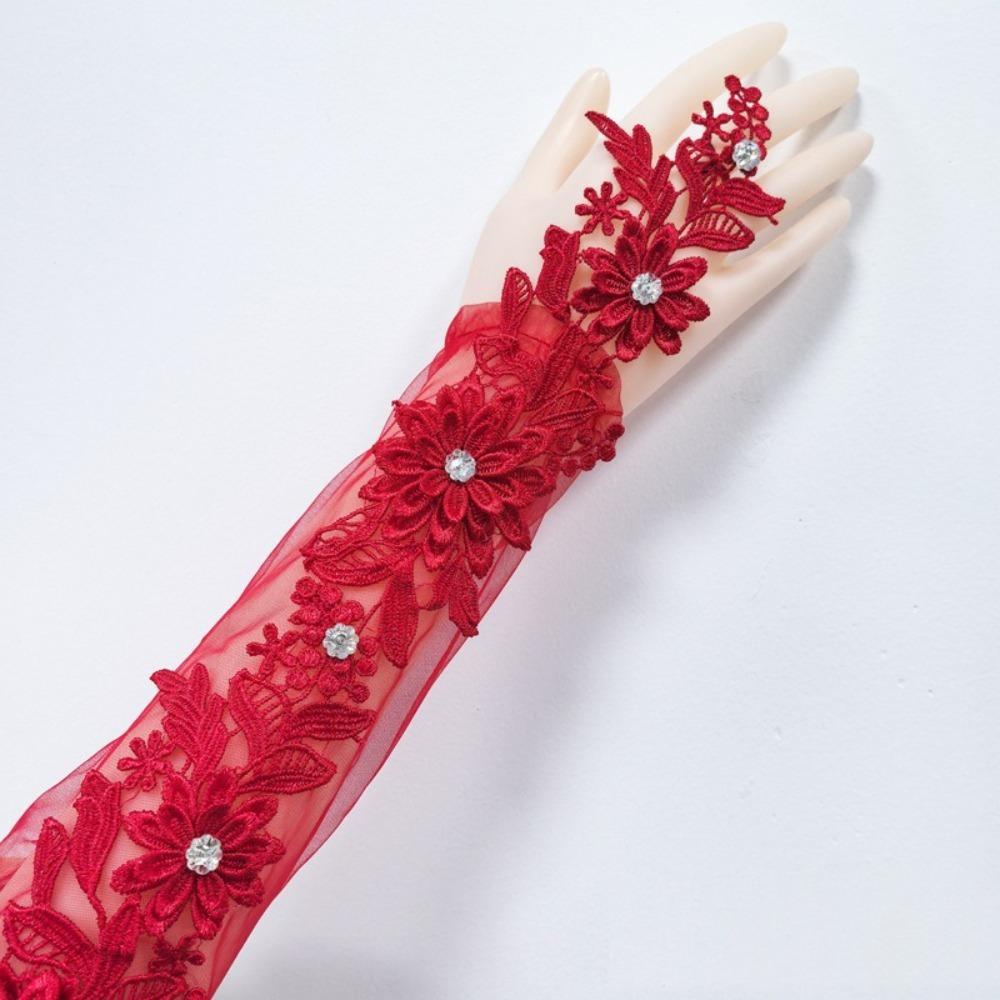 

Lace Embroidery Banquet Gloves Pearl Wedding Bridal Gloves New Costume Gloves Gift червоний